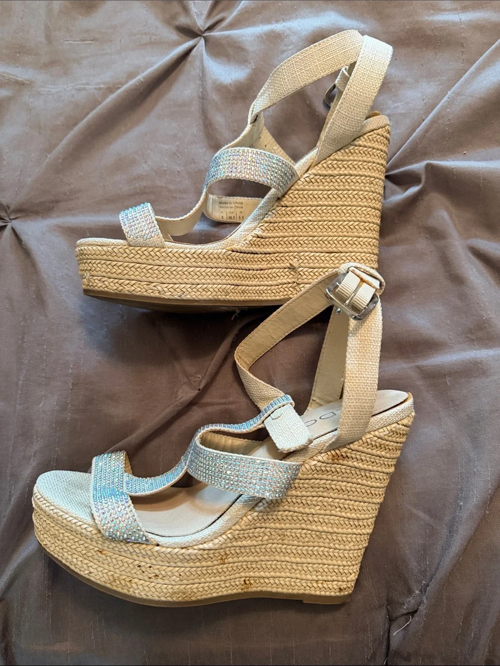 Wedge Espadrille Sandals with Sparkle Straps - Beige